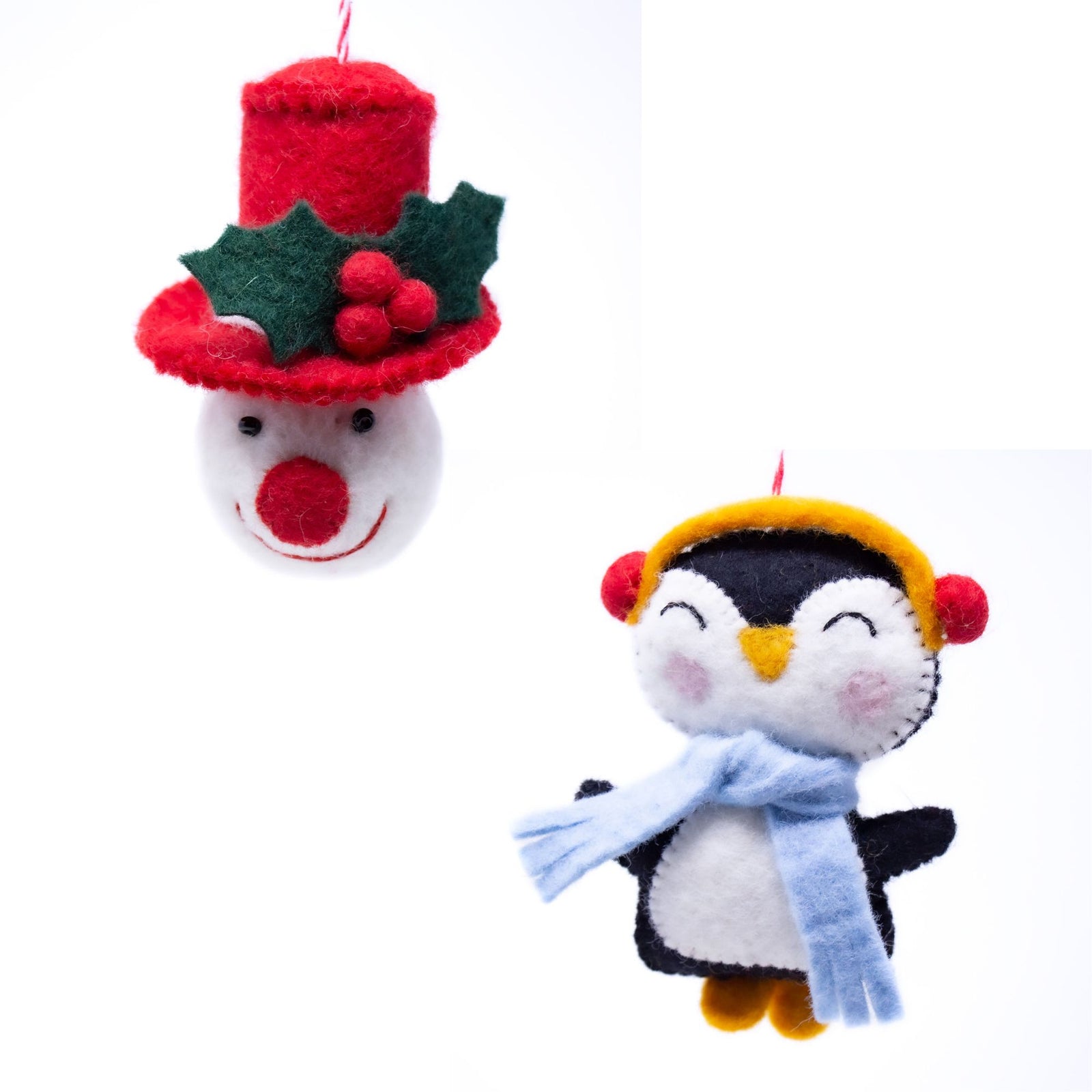 Happy Penguin and Top Hat Santa Handmade Felt Ornaments, Set of 2