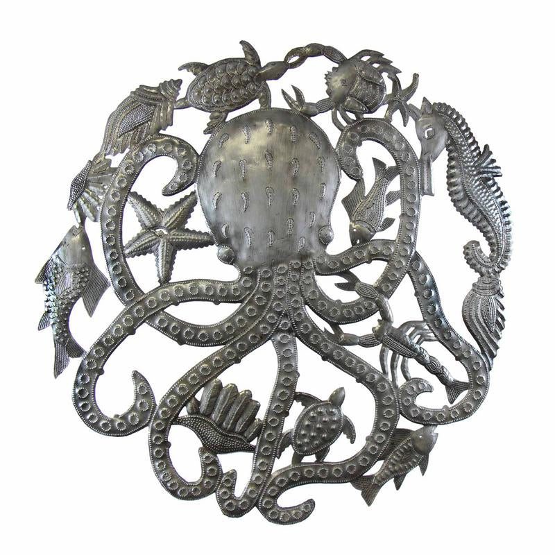 Octopus & Sea Life Nautical Haitian Steel Drum Wall Art, 23"