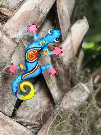 Eight inch Painted Gecko Recycled Haitian Metal Wall Art Blue-Greens Red Eye