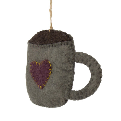 Handcrafted Felt Coffee Pot & Coffee Mug Ornament Set, Stone Grey