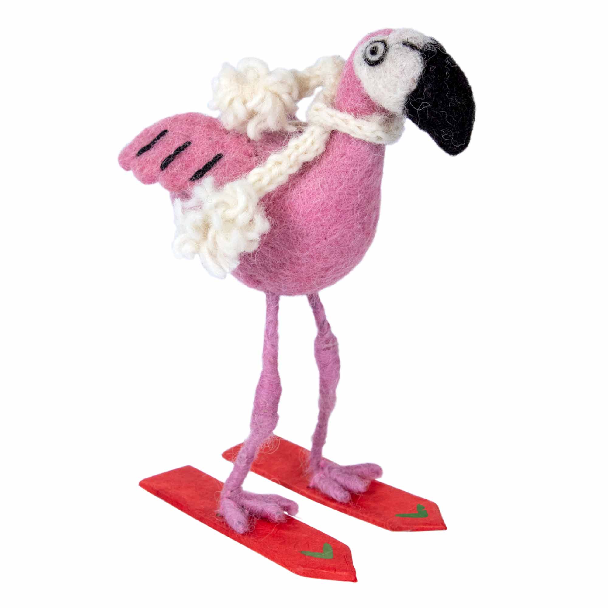 Handmade Skiing Flamingo Felt Ornament