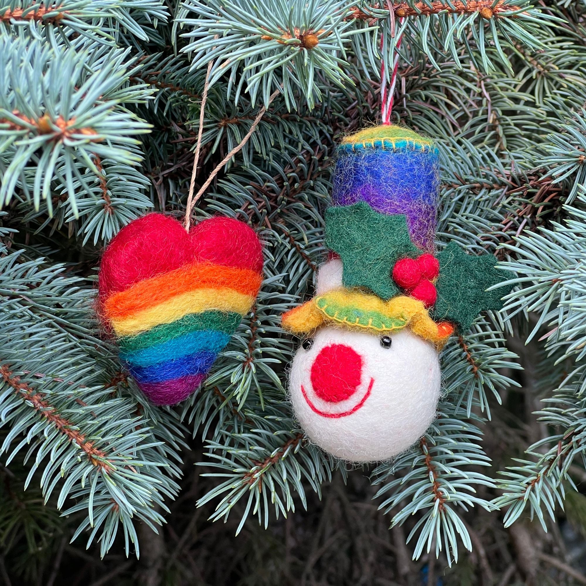 Rainbow Top Hat Snowman and Heart Handmade Felt Ornaments, Set of 2