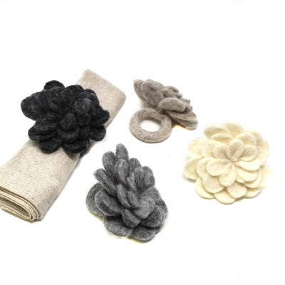 Set of 4 Napkin Rings, Assorted Neutral Color Zinnias