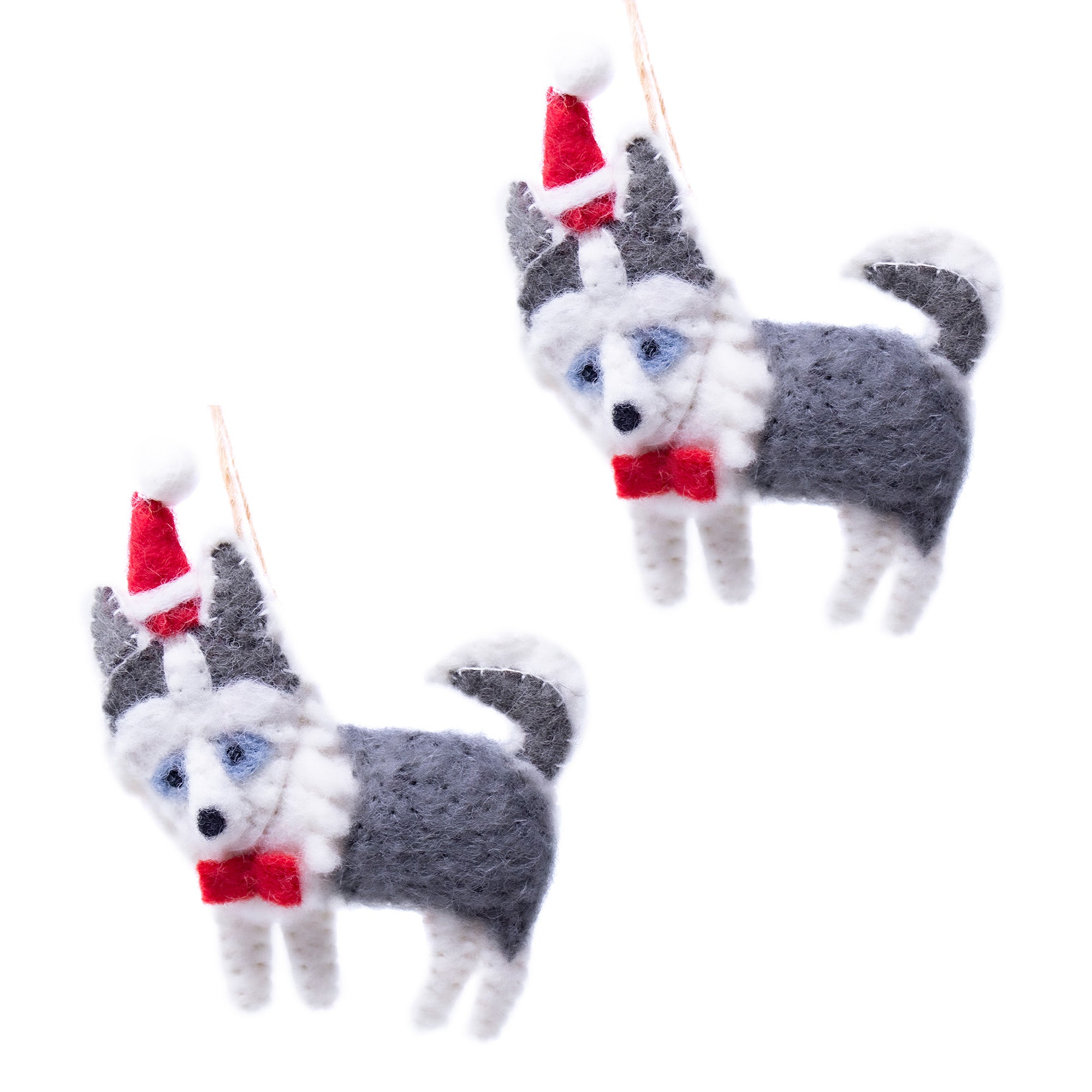 Husky Dog Santa Handmade Felt Ornaments, Set of 2