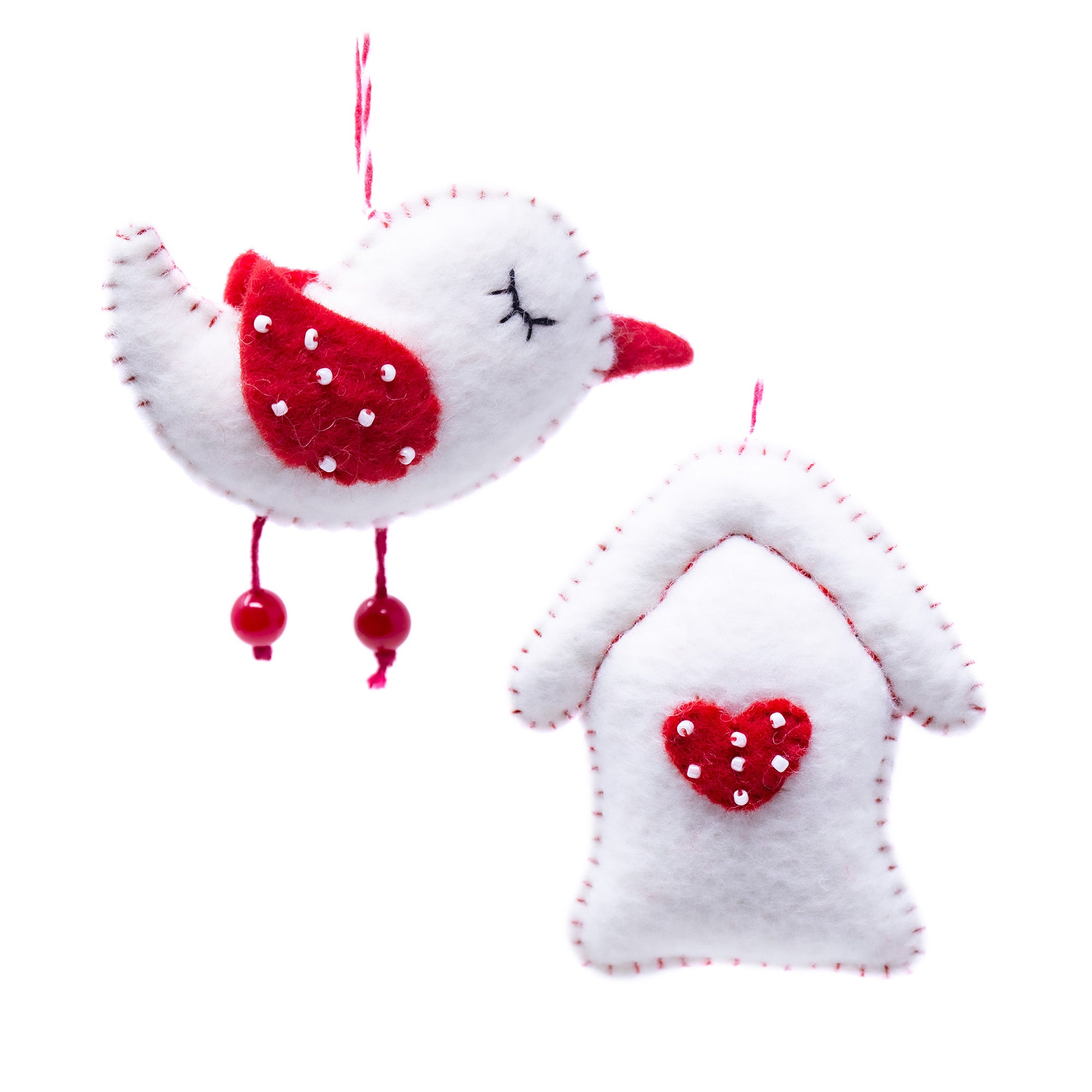 Home is Where the Heart is Bird and House Handmade Felt Ornaments, Set of 2