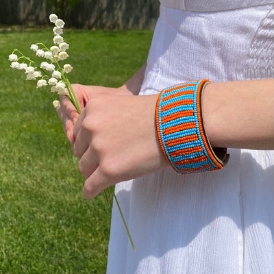 Maasai Bead Leather Cuff Bracelet, Orange and Turquoise