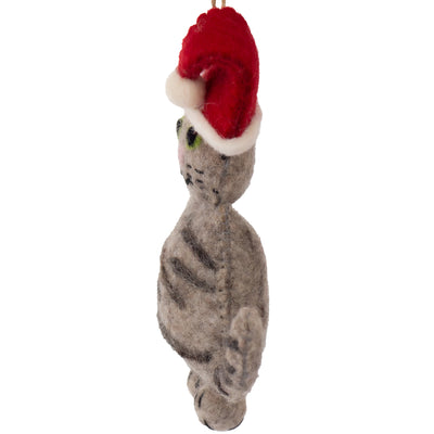 Handcrafted Felt Grey Tabby Santa Cat Felt Ornament