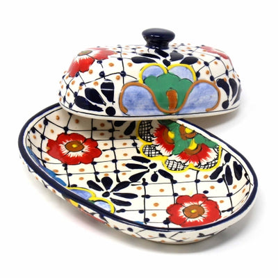 Encantada Handmade Pottery Butter Dish, Dots & Flowers