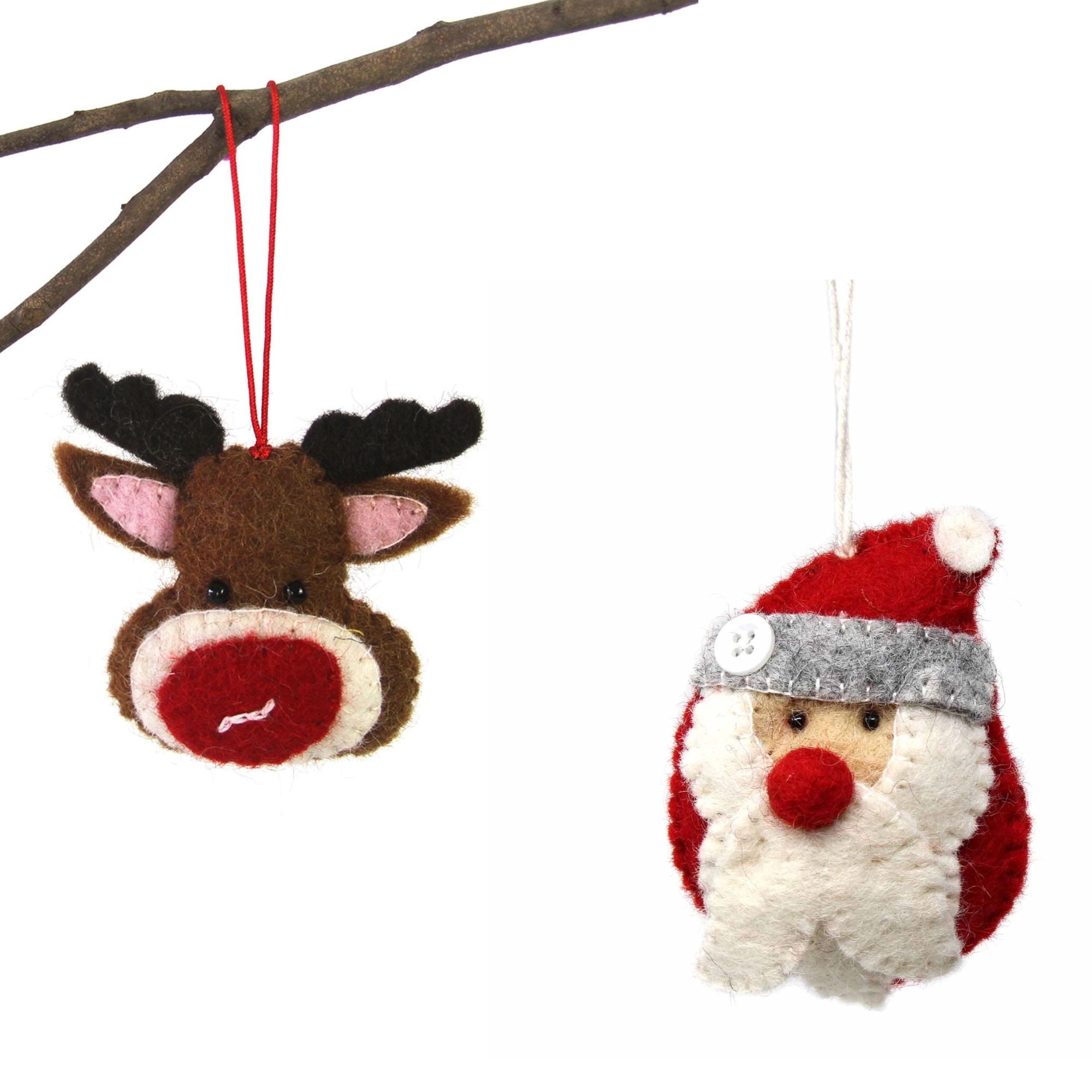 Santa and the Red Nosed Reindeer Handmade Felt Ornaments, Set of 2