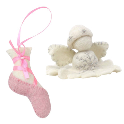 White Angel and Ballet Slipper Felt Ornament Collection, Set of 2