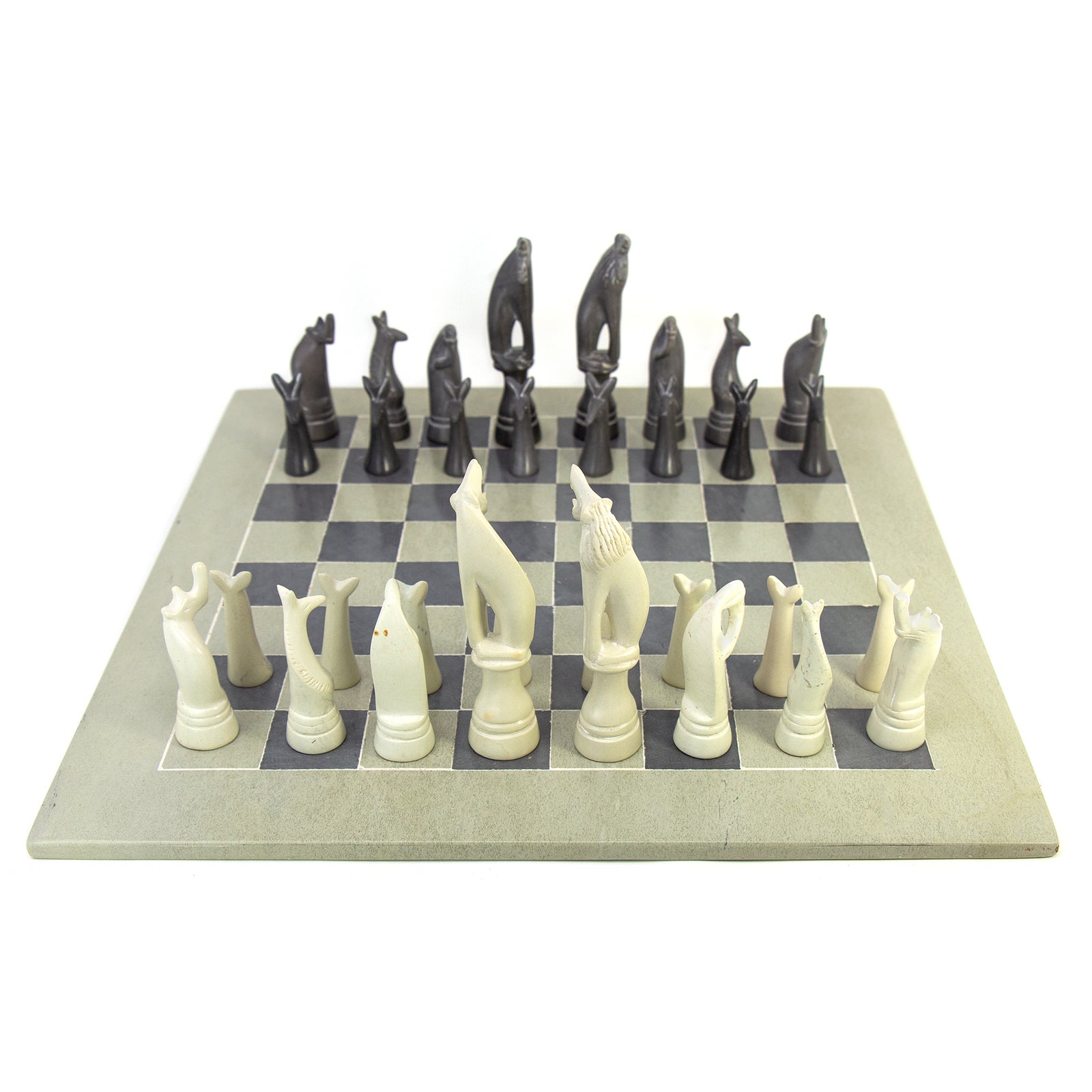 Hand Carved Soapstone Safari Animal Chess Set (Grey)