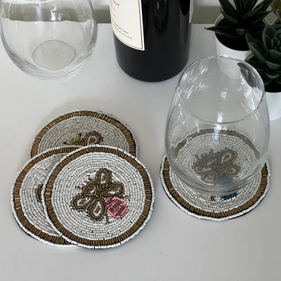 Busy Bees Hand Embroidered Glass Bead Coasters, Set of 4