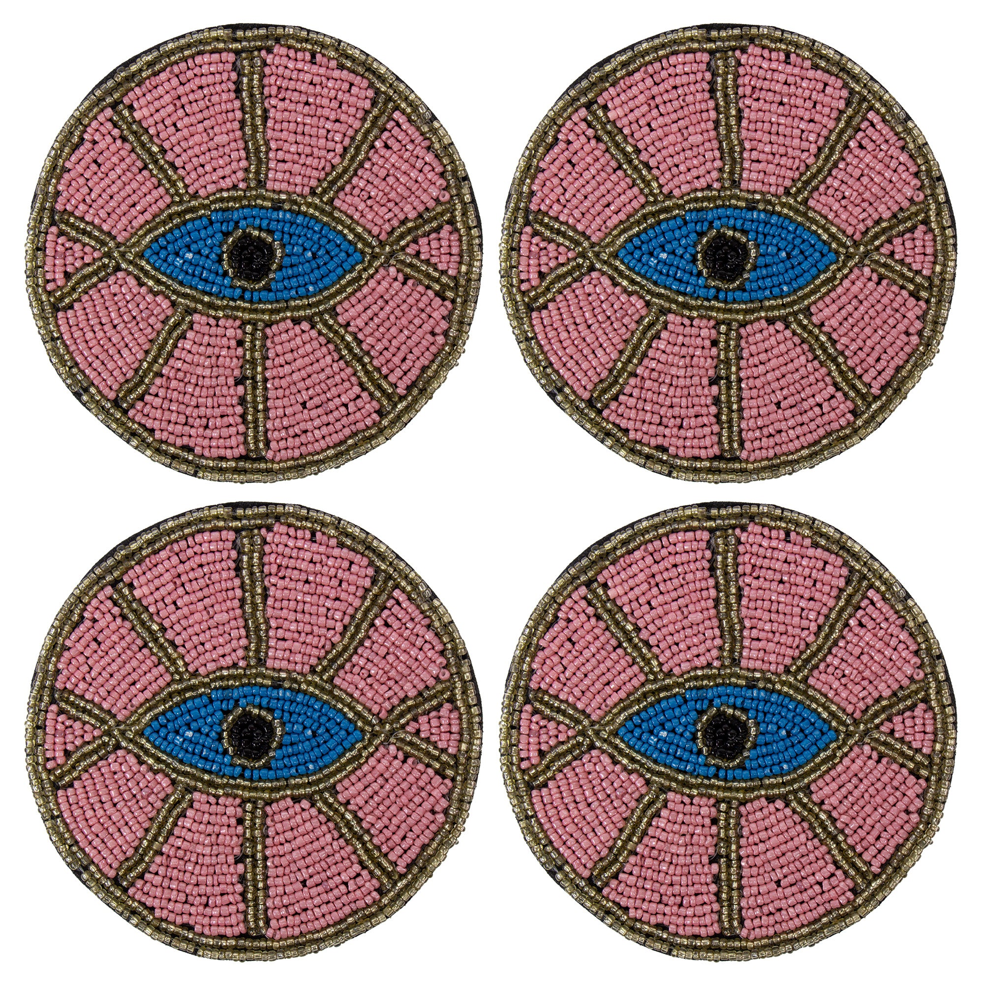 Pink Evil Eye Hand Embroidered Glass Bead Coasters, Set of 4