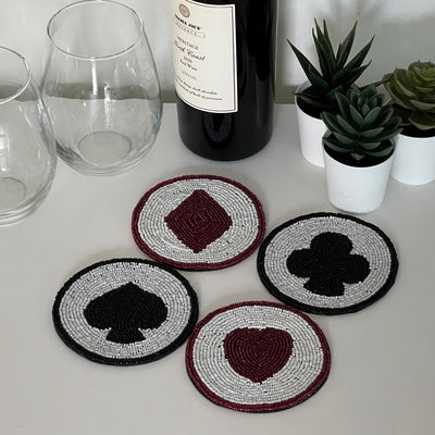 Suit of Cards Hand Embroidered Glass Bead Coasters, Set of 4