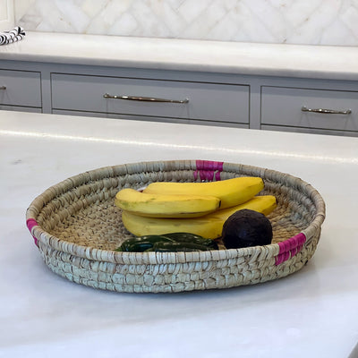 Hand-woven Palm Tray Basket with Pink Accent