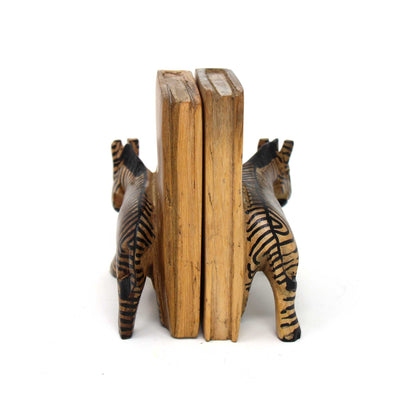 Carved Wood Zebra Book Ends, Set of 2