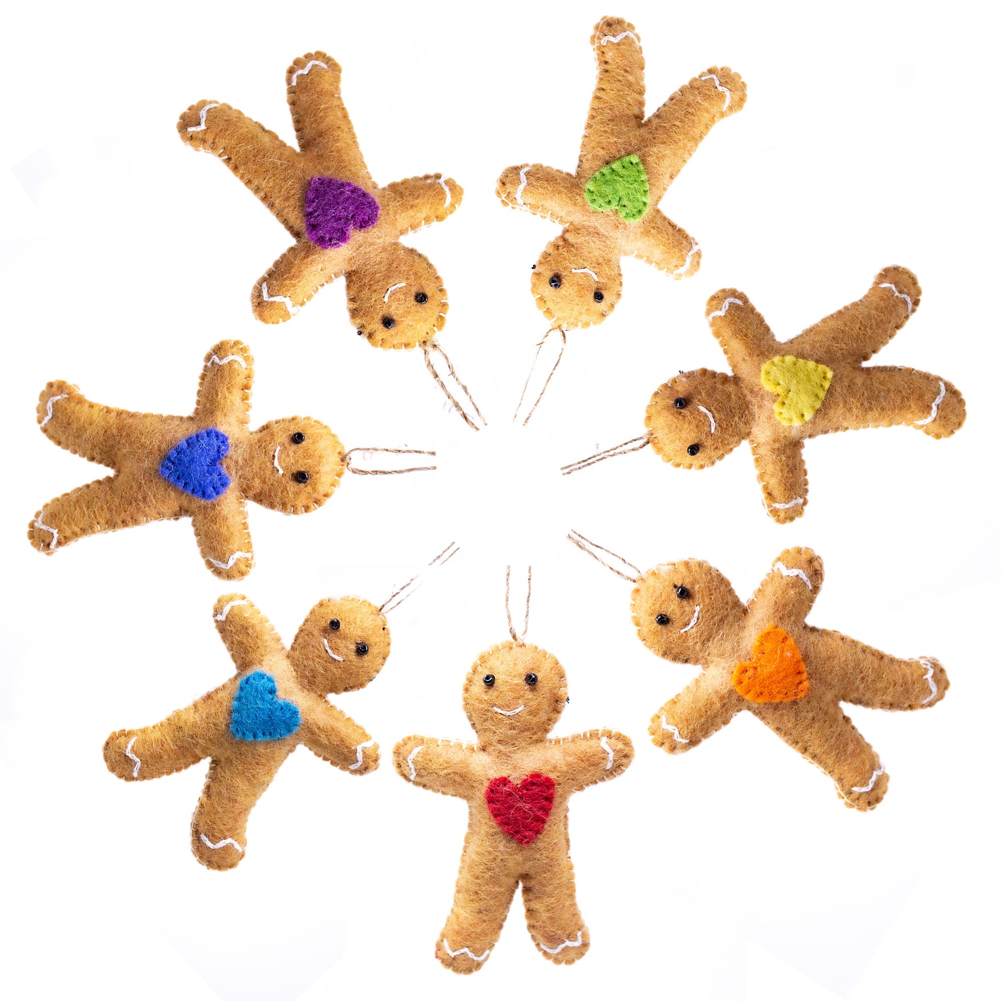 Rainbow Ginger Friends Collection Handmade Felt Ornaments, Set of 7