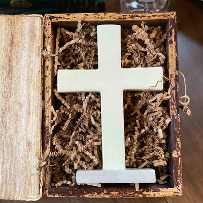 Soapstone Traditional Standing Cross in Banana Fiber Storage Box