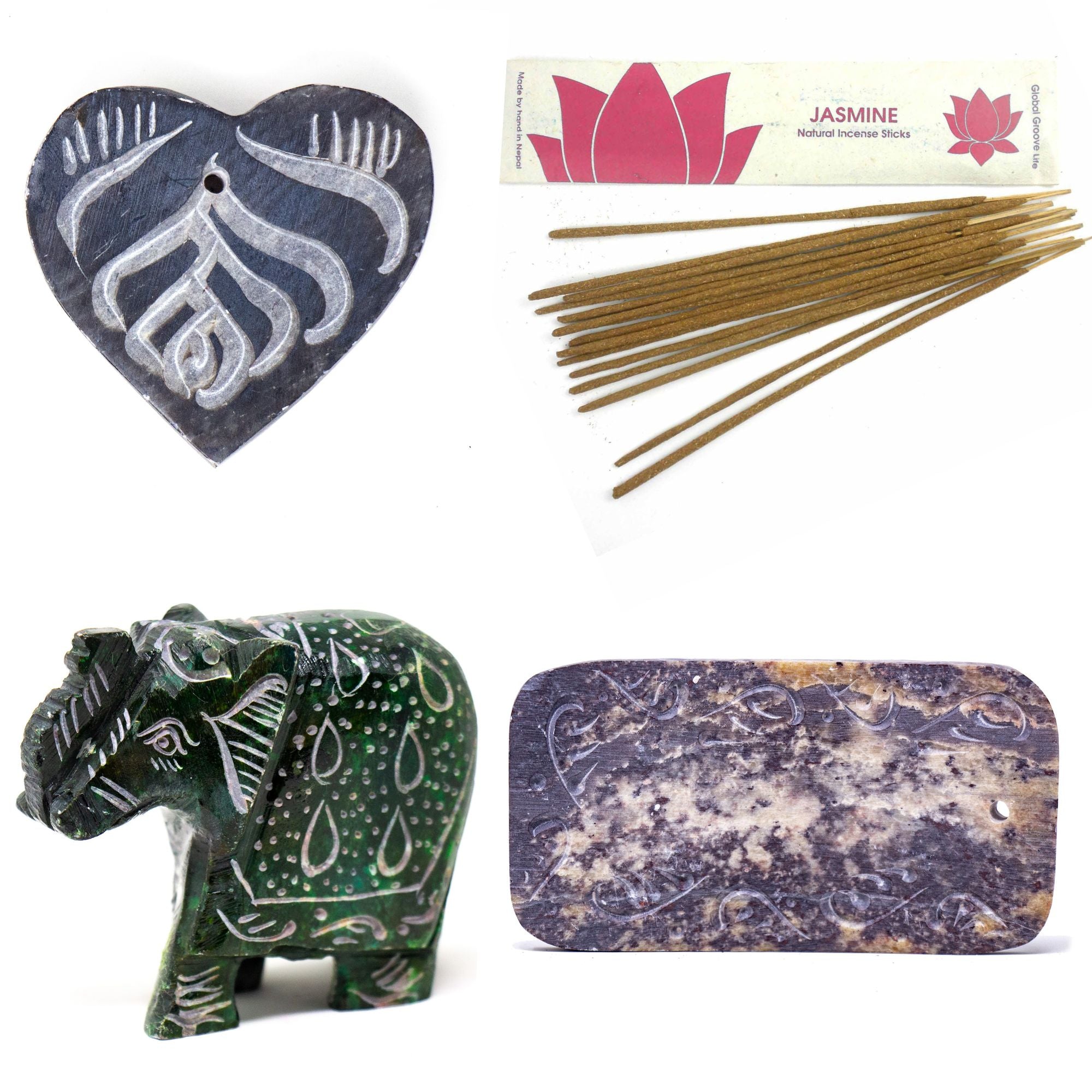 Collection of Soapstone Incense Holders and Jasmine Stick Incense