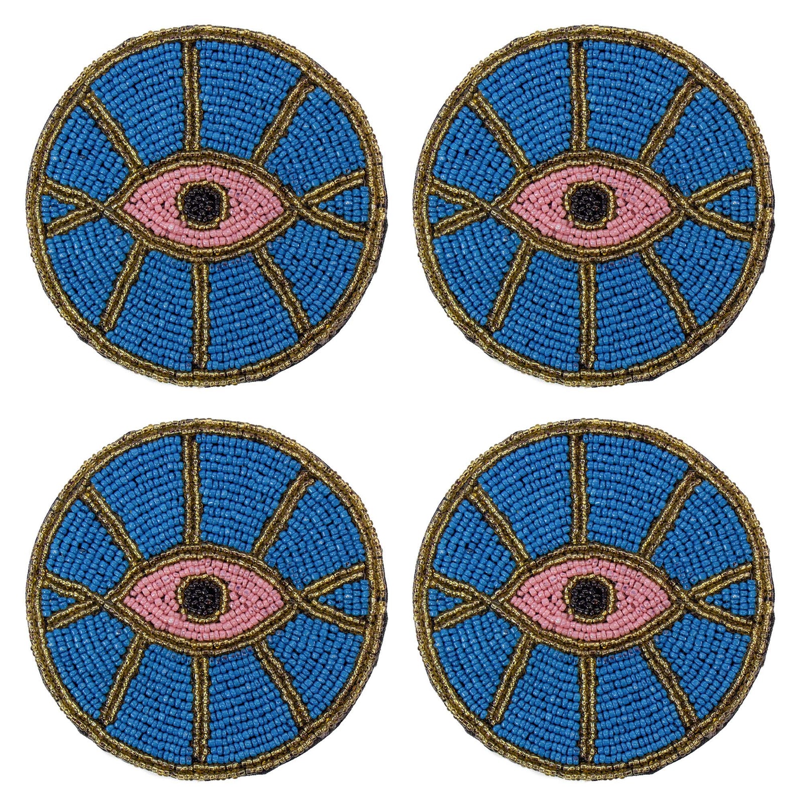 Blue Evil Eye Hand Embroidered Glass Bead Coasters, Set of 4