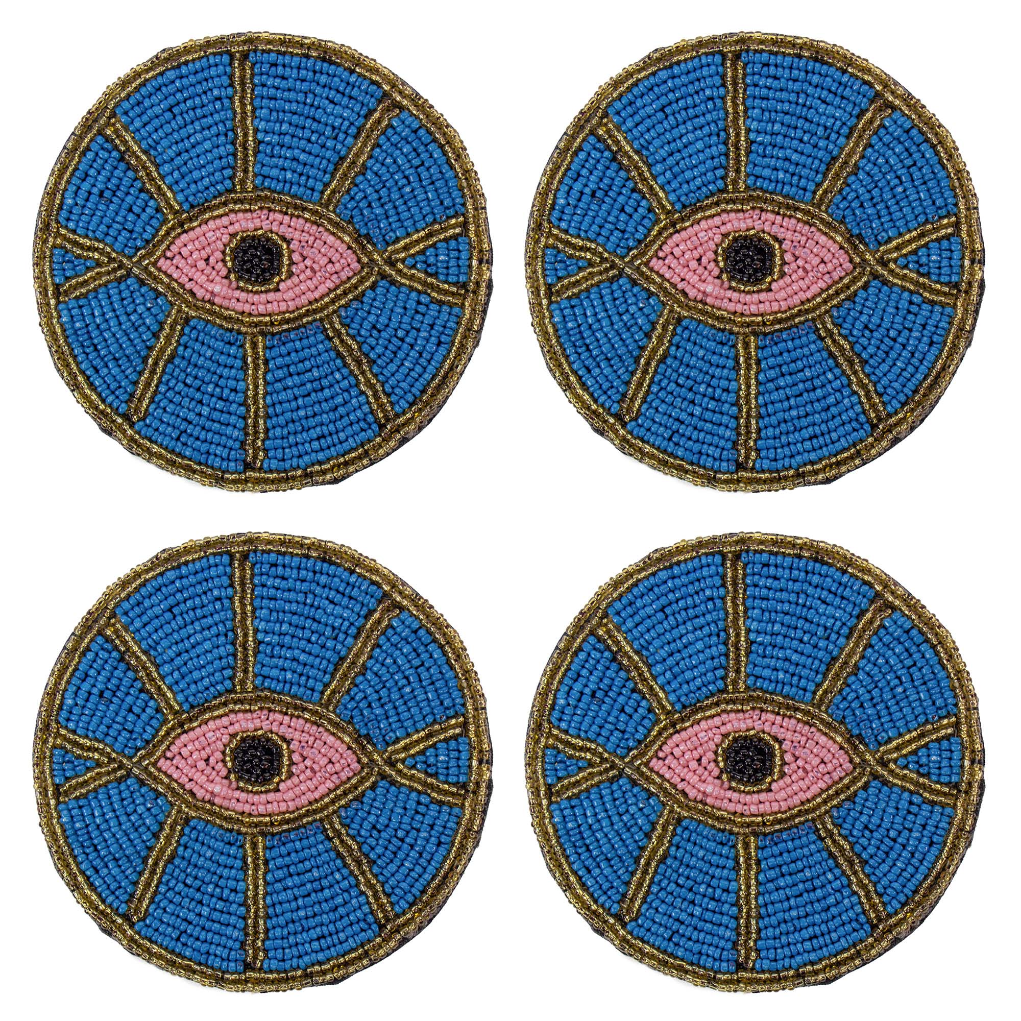 Blue Evil Eye Hand Embroidered Glass Bead Coasters, Set of 4