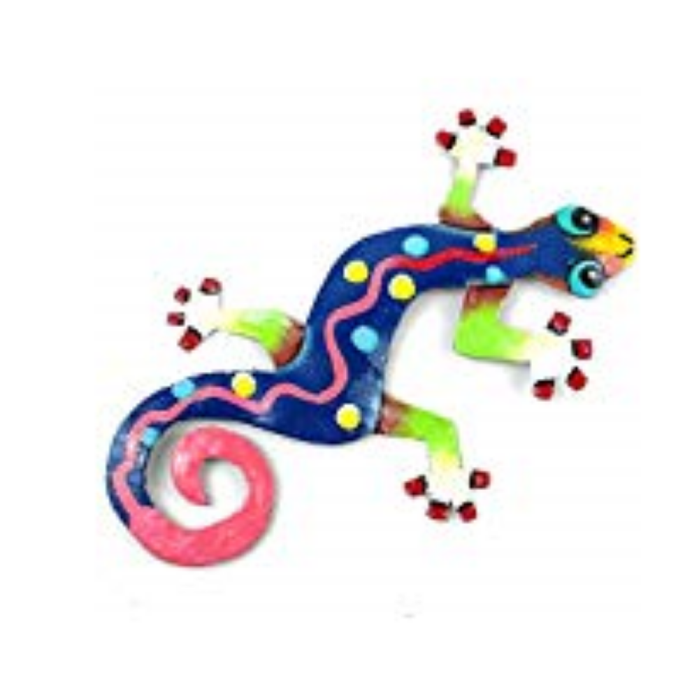 Eight inch Painted Gecko Recycled Haitian Metal Wall Art Blue-Greens Dark Blue Party