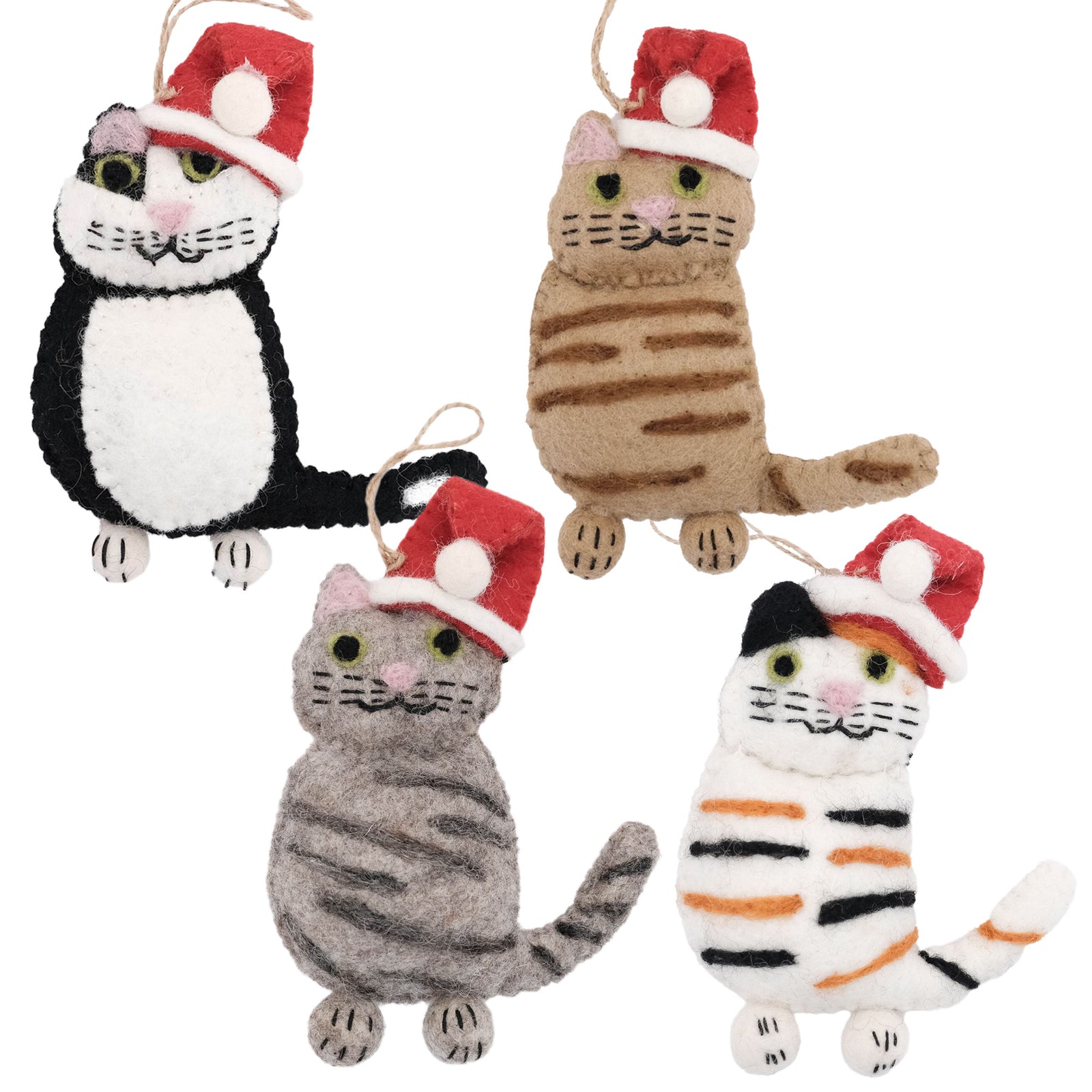 Handcrafted Felt Kitty Cat Collection of 4 Santa Cat Ornaments