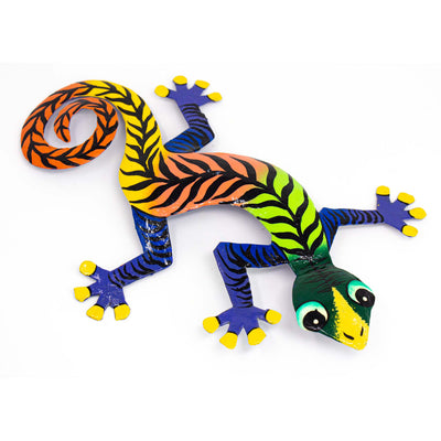 Colorful Gecko Haitian Steel Drum Wall Art, 13 inch Black Stipes