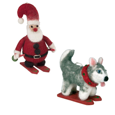 Handmade Skiing Husky and Santa Felt Ornaments, Set of 2