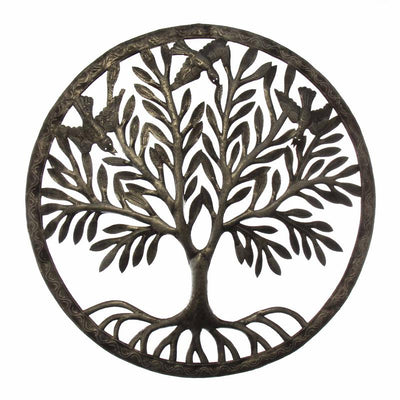Rooted Tree of Life with Birds Ringed Haitian Steel Drum Wall Art, 23"