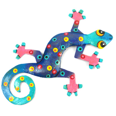 Eight inch Painted Gecko Recycled Haitian Metal Wall Art Blue-Greens Blue Candy