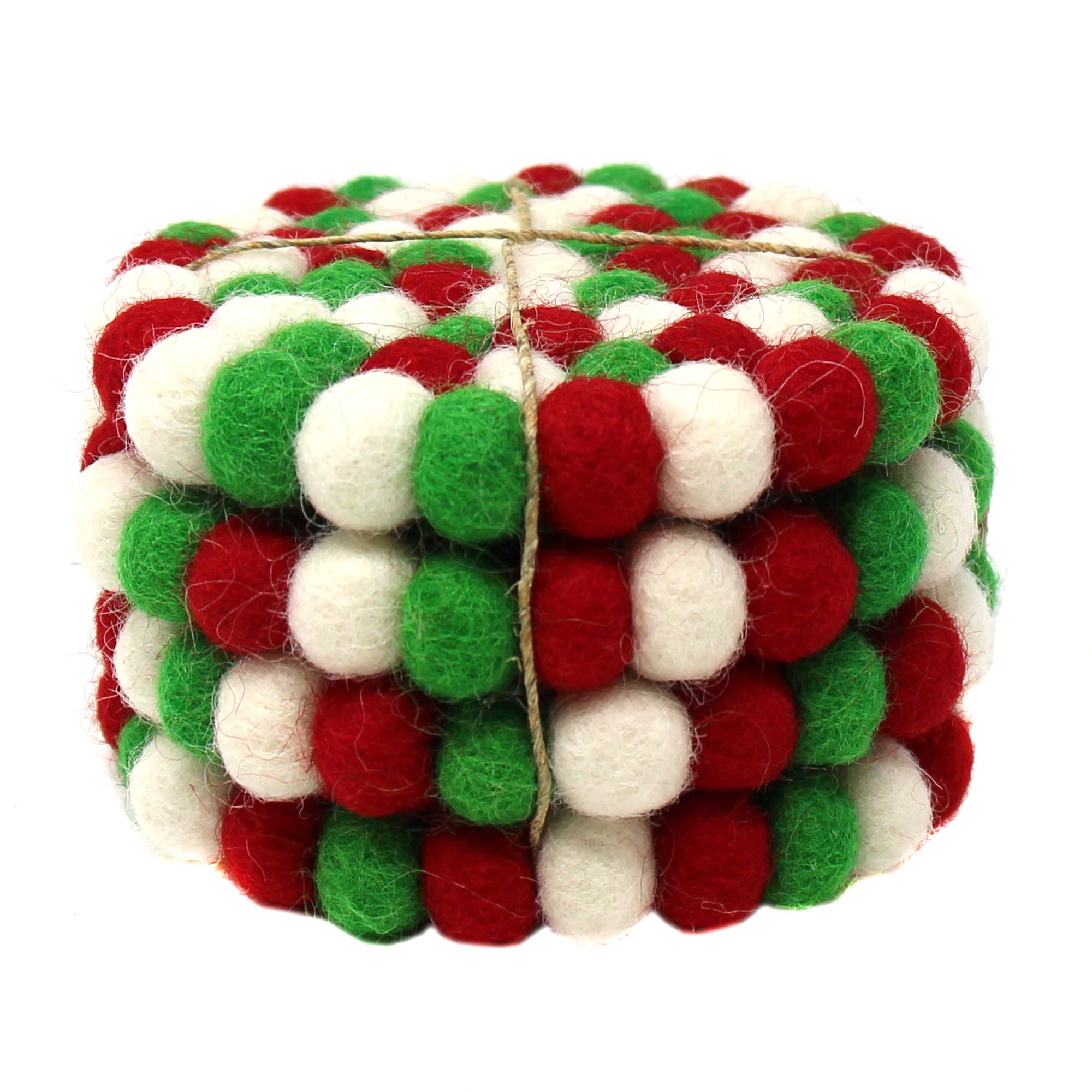 Felt Ball Multicolor Coasters 4pk - White Christmas