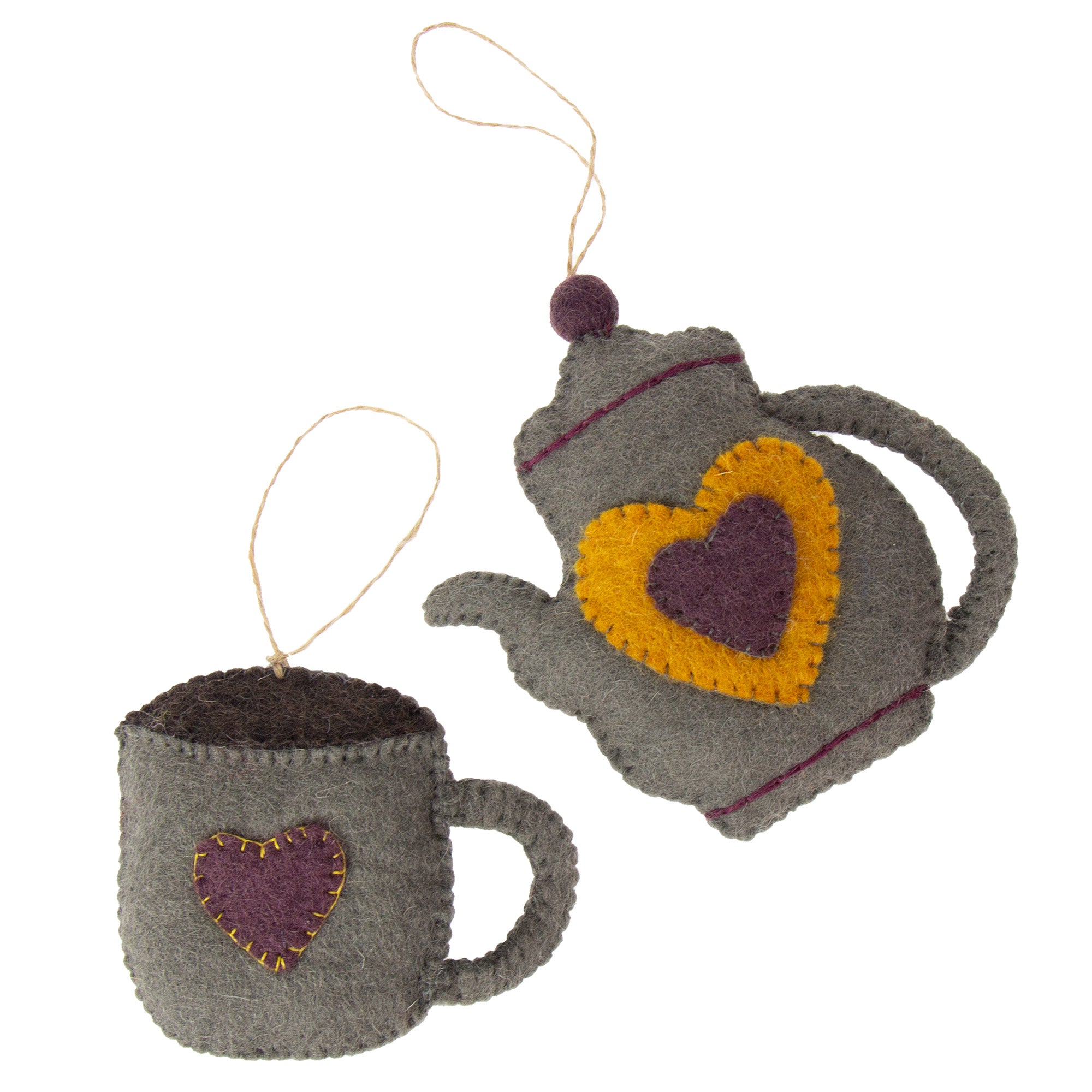 Handcrafted Felt Coffee Pot & Coffee Mug Ornament Set, Stone Grey