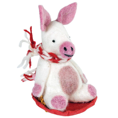 Handmade Sledding Pig Felt Ornament