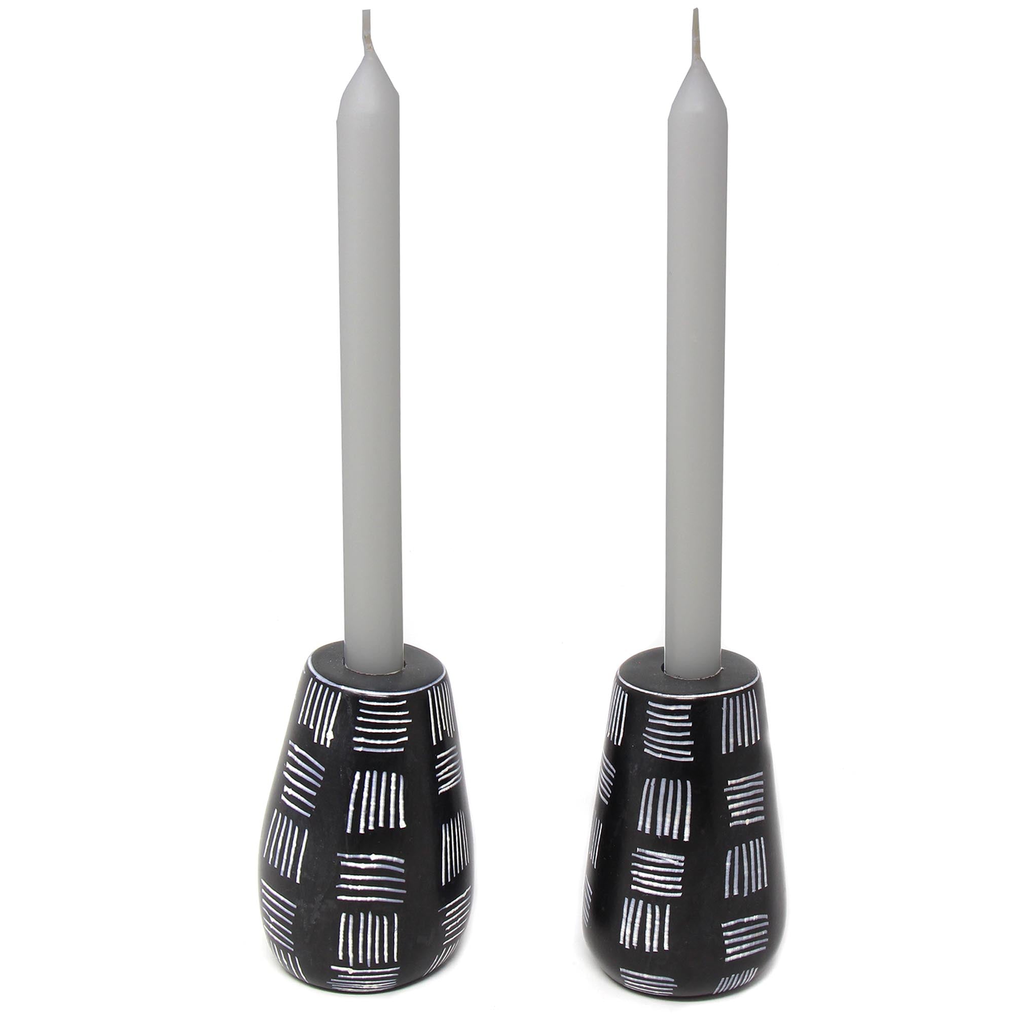 Set of 2 Hand-Carved Tall Round Soapstone Candle Holders