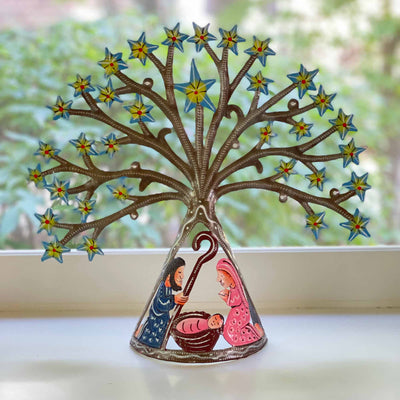 Haitian Metal Drum Tabletop Nativity with Blue Stars