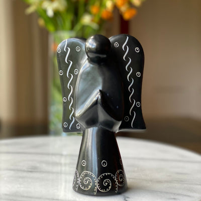 Soapstone Angel Sculpture - Black Finish with Etch Design