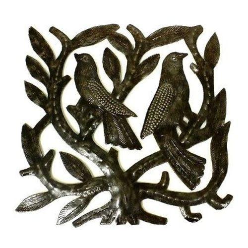 Square Tree of Life with Birds Haitian Steel Drum Wall Art, 8"