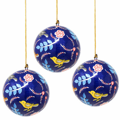 Handpainted Ornament Birds and Flowers, Blue, Set of 3