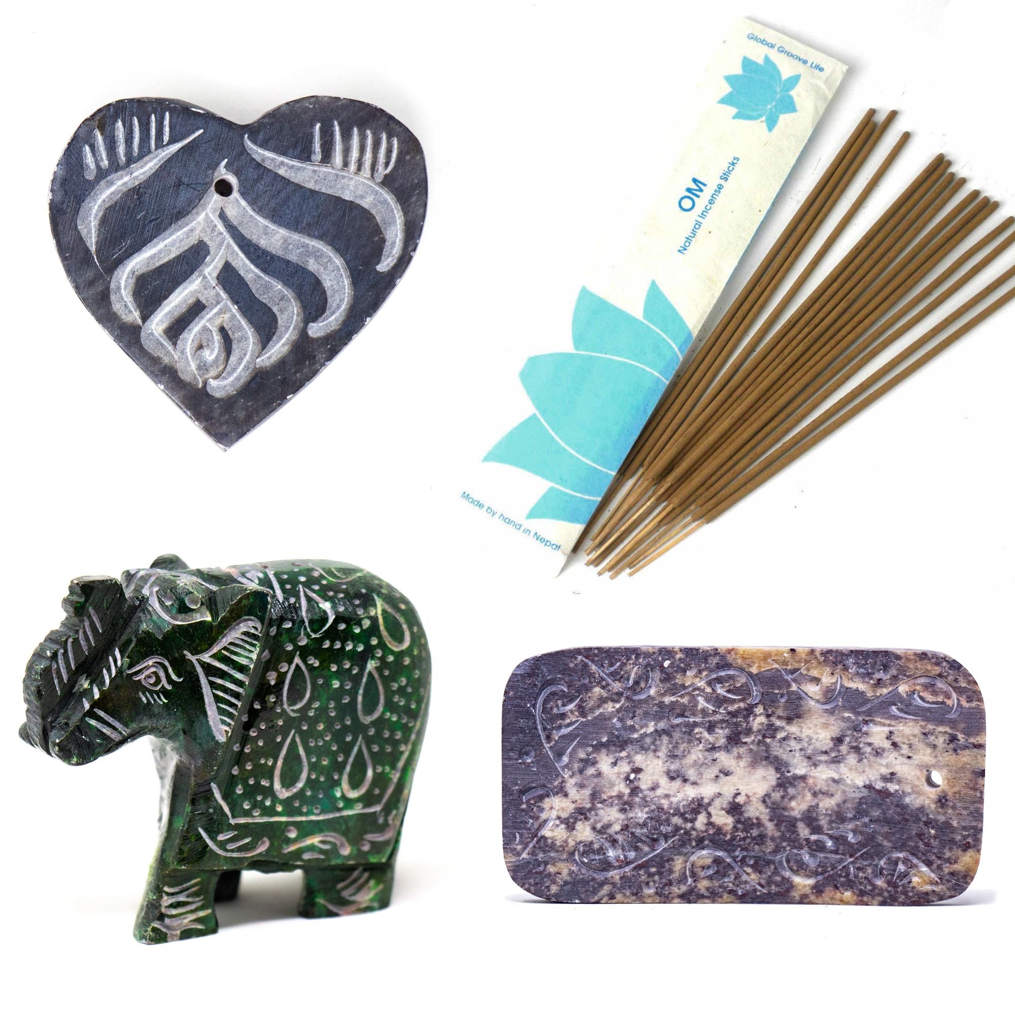 Collection of Soapstone Incense Holders and Om Stick Incense