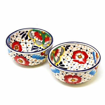 Encantada Handmade Pottery Bowls - Dots and Flowers, Set of Two