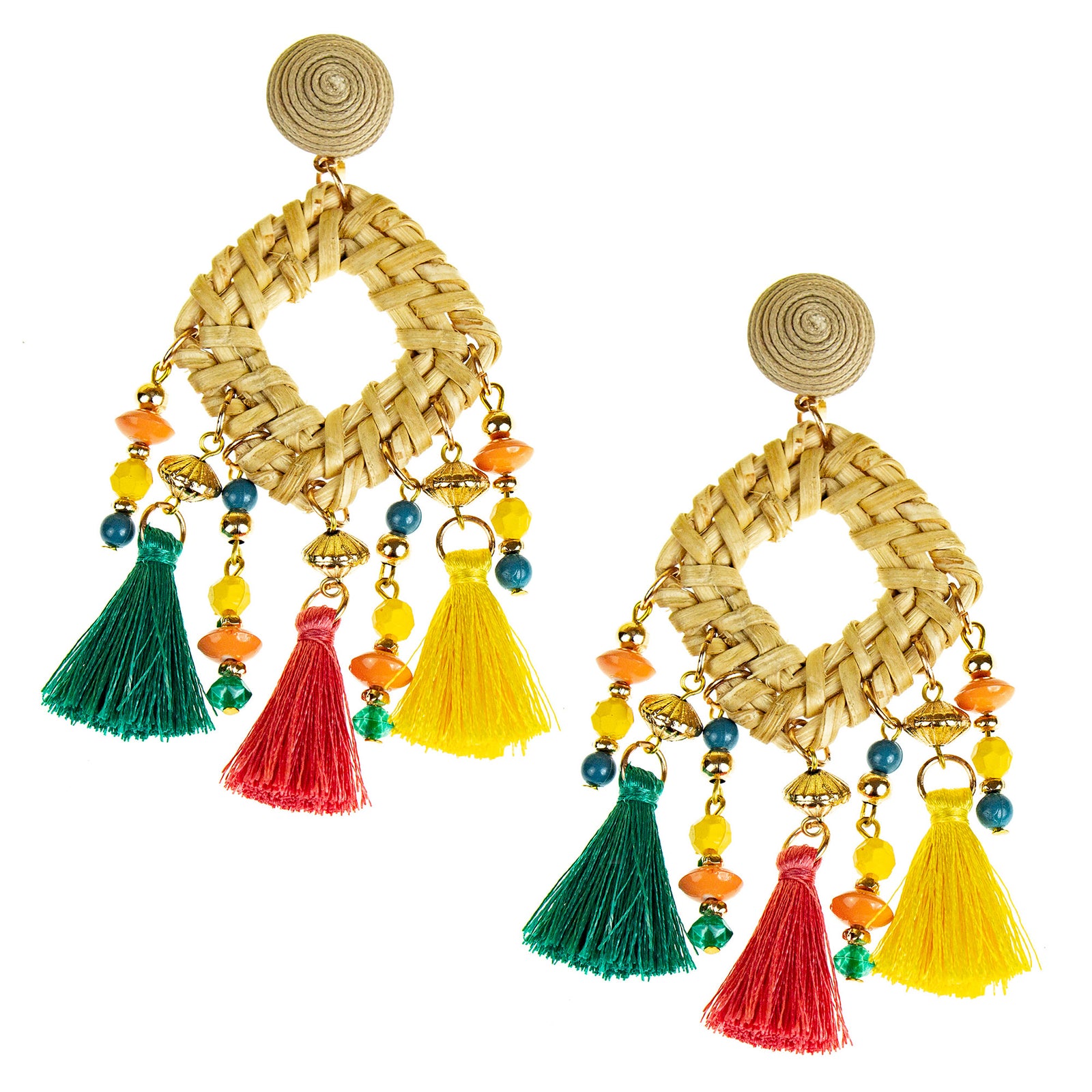 Handmade Cane Statement Earrings with Bright Tassels