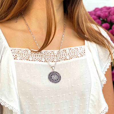 Alpaca Silver Aztec Face Pendant with Chain