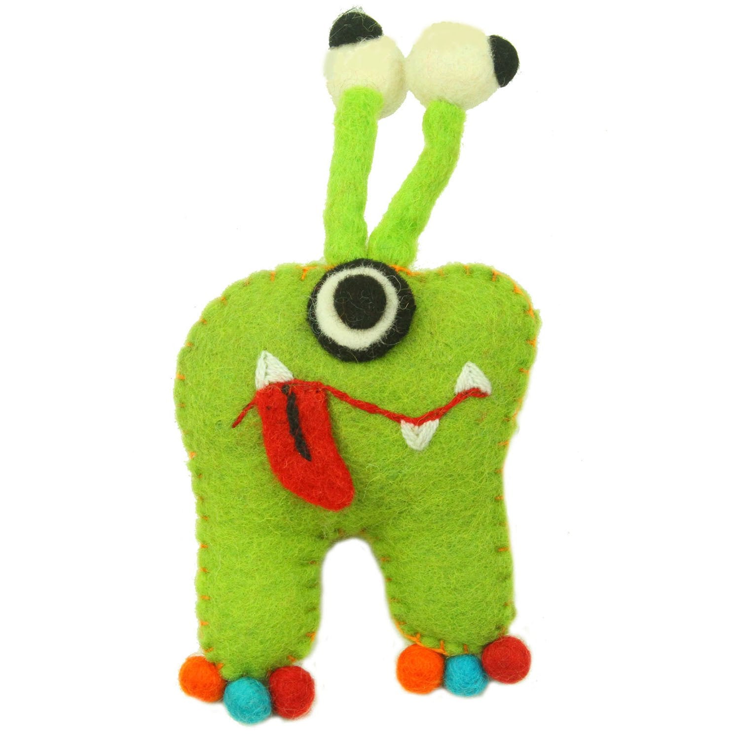 Hand Felted Green Tooth Monster with Bug Eyes
