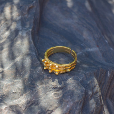 Handmade Stacked Golden Brass Ring with Beaded Detail