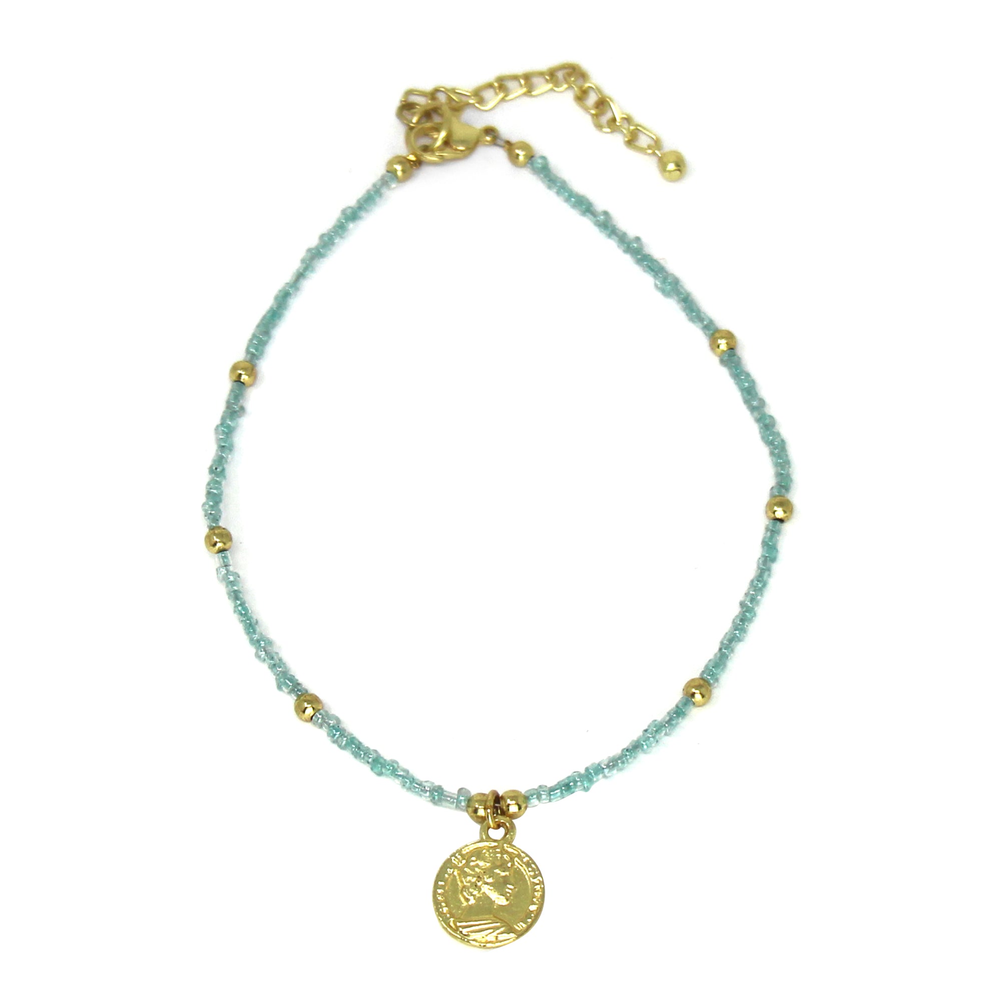 Baby blue Glass Bead Choker with Brass Coin Pendant