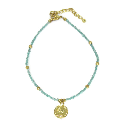 Baby blue Glass Bead Choker with Brass Coin Pendant