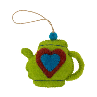 Handcrafted Felt Tea Pot & Tea Cup Ornament Set, Avocado Green