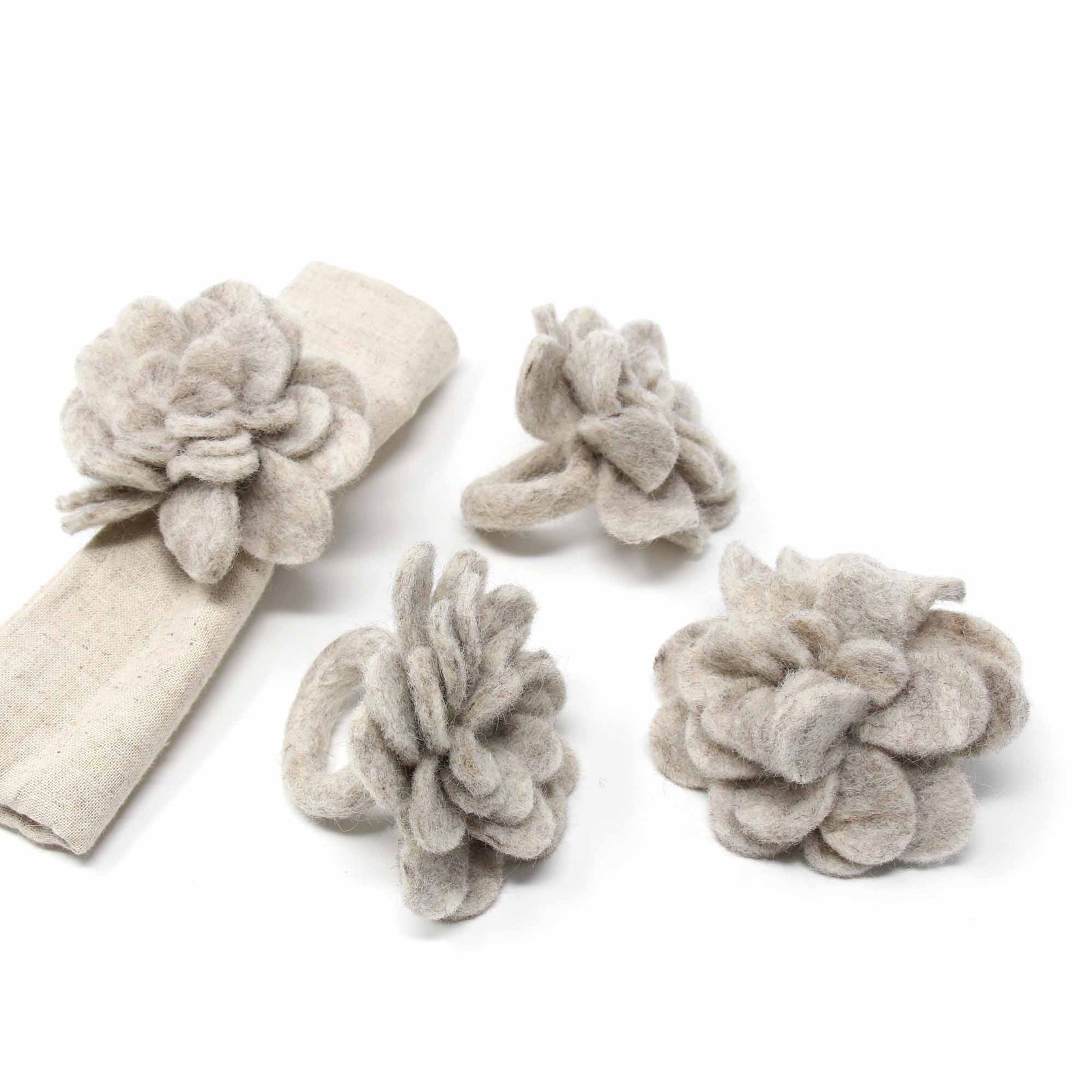 Set of 4 Napkin Rings, Taupe Zinnias