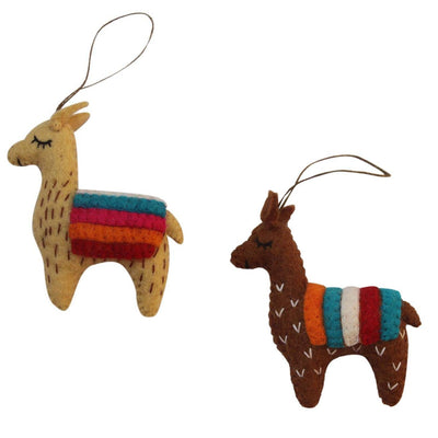 Tan and Brown Llama Duo Handmade Felt Ornaments, Set of 2